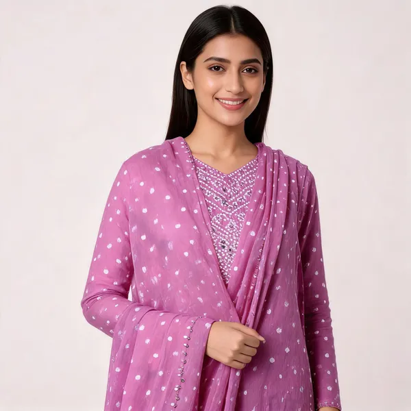 Light_Pink_Bandhej_Cotton_Suit_Set_-_Hand_Mirror_Work,_Bandhani_Yoke,_Scattered_Dots,_Kodi_Dupatta