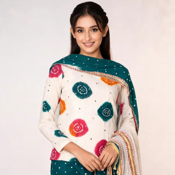 Chiku_Bandhej_Suit_-_Multicolor_Bandhani_Chakras,_Mirror_Work,_Dark_Green_Bottom,_Double_Color_Tassel_Dupatta
