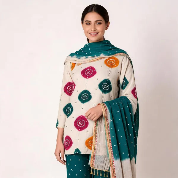 Chiku_Bandhej_Suit_-_Multicolor_Bandhani_Chakras,_Mirror_Work,_Dark_Green_Bottom,_Double_Color_Tassel_Dupatta