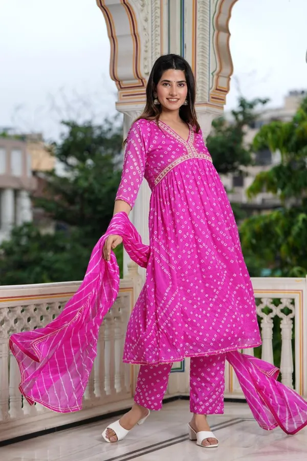 Hand_bandhej__Art_Silk_Alia_Cut_Suit_with_Embroidered_Neckline_&_Coordinated_Leheriya_Dupatta