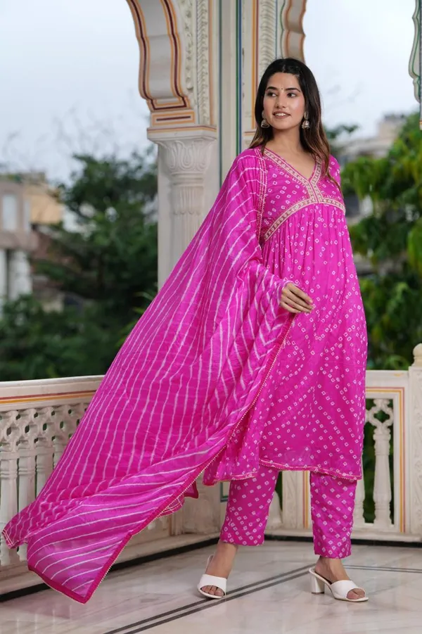 Hand_bandhej__Art_Silk_Alia_Cut_Suit_with_Embroidered_Neckline_&_Coordinated_Leheriya_Dupatta