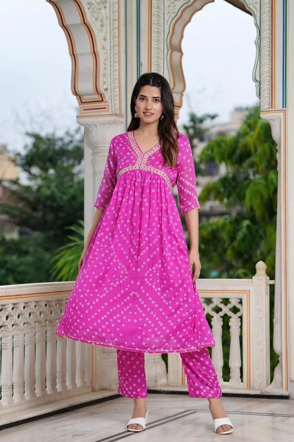 Hand_bandhej__Art_Silk_Alia_Cut_Suit_with_Embroidered_Neckline_&_Coordinated_Leheriya_Dupatta