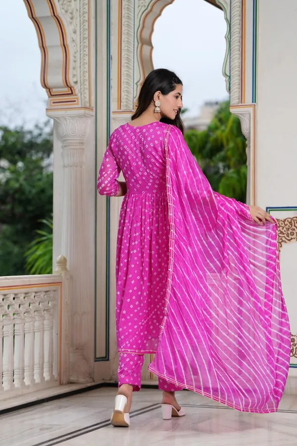 Hand_bandhej__Art_Silk_Alia_Cut_Suit_with_Embroidered_Neckline_&_Coordinated_Leheriya_Dupatta