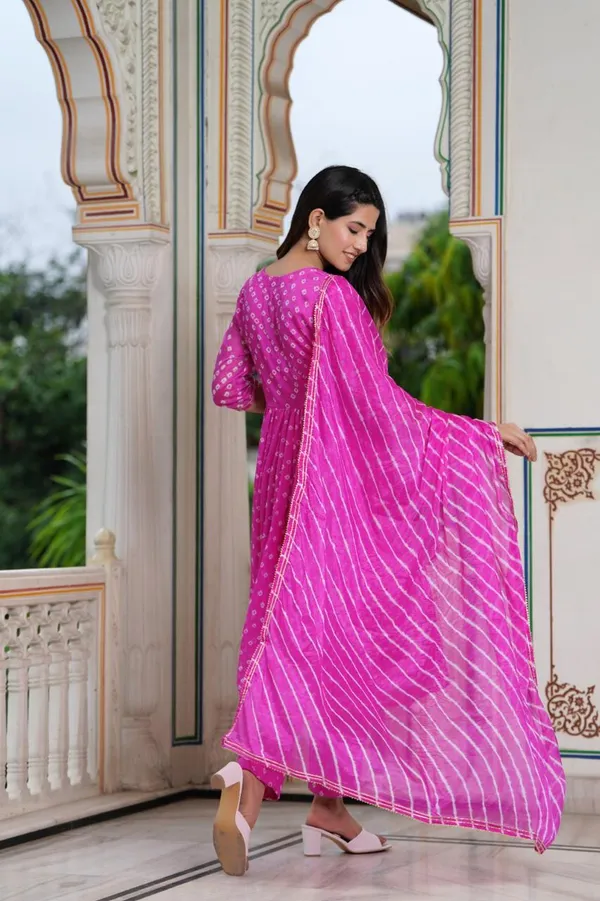 Hand_bandhej__Art_Silk_Alia_Cut_Suit_with_Embroidered_Neckline_&_Coordinated_Leheriya_Dupatta