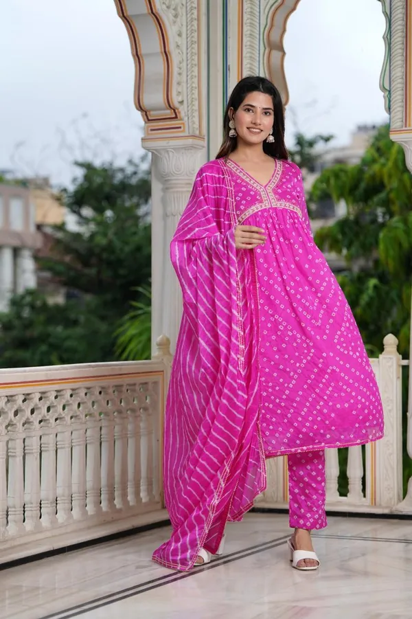 Hand_bandhej__Art_Silk_Alia_Cut_Suit_with_Embroidered_Neckline_&_Coordinated_Leheriya_Dupatta