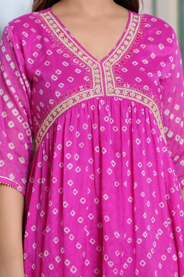 Hand_bandhej__Art_Silk_Alia_Cut_Suit_with_Embroidered_Neckline_&_Coordinated_Leheriya_Dupatta