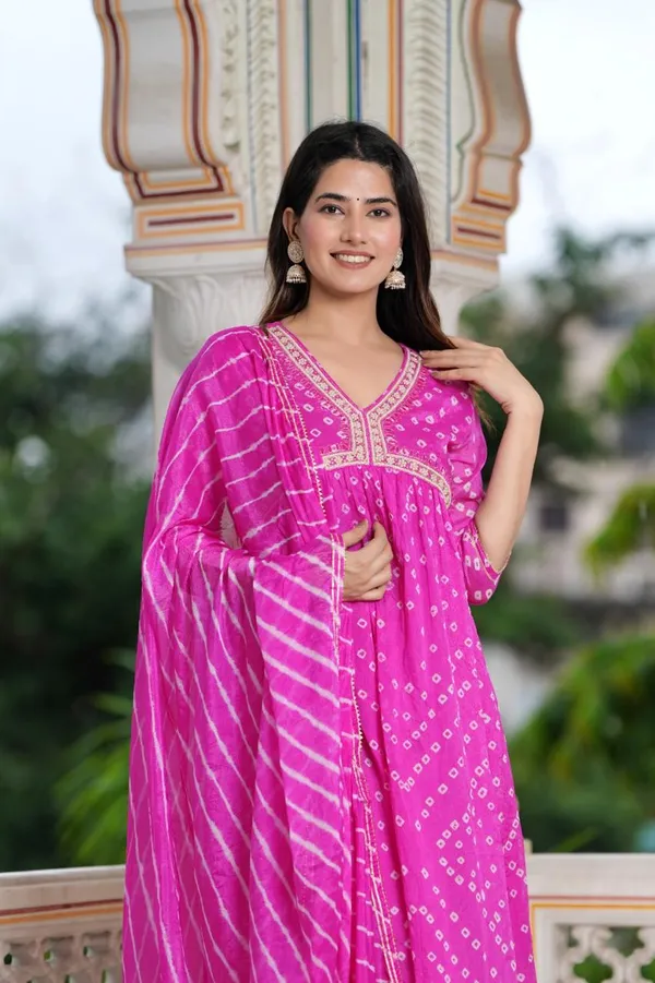 Hand_bandhej__Art_Silk_Alia_Cut_Suit_with_Embroidered_Neckline_&_Coordinated_Leheriya_Dupatta