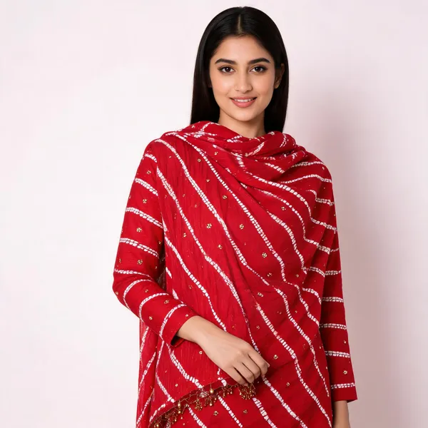 Chevron_Unstitched_Bandhej_Cotton_Suit_Red_Bandhani_Suit_Set_with_Mirror_Work_&_Tassel_Dupatta