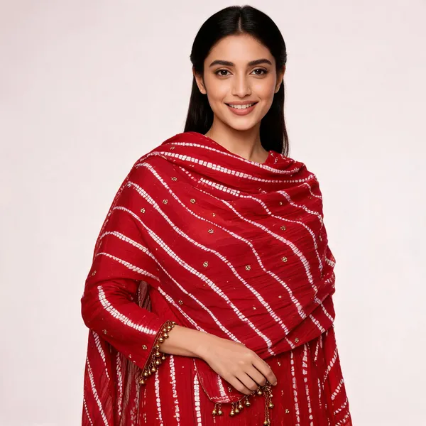 Chevron_Unstitched_Bandhej_Cotton_Suit_Red_Bandhani_Suit_Set_with_Mirror_Work_&_Tassel_Dupatta