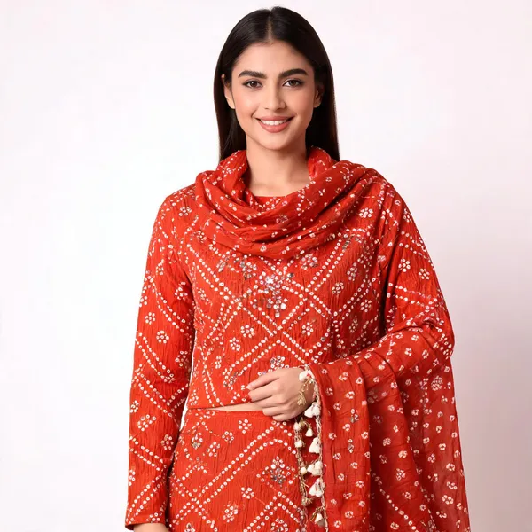 Orange_Hand_Bandhej_Set_-_Geometric_Diamond_&_Chevron_Bandhani,_Mirror_Work,_Tassel_Dupatta