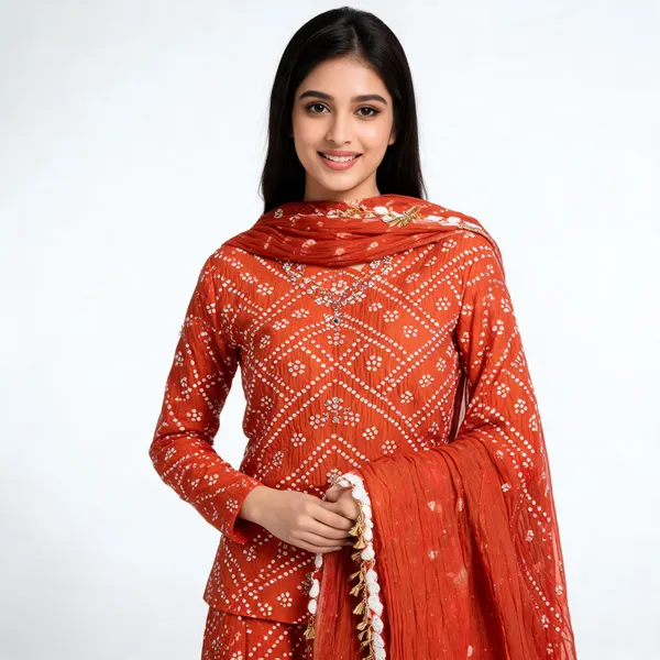 Orange_Hand_Bandhej_Set_-_Geometric_Diamond_&_Chevron_Bandhani,_Mirror_Work,_Tassel_Dupatta