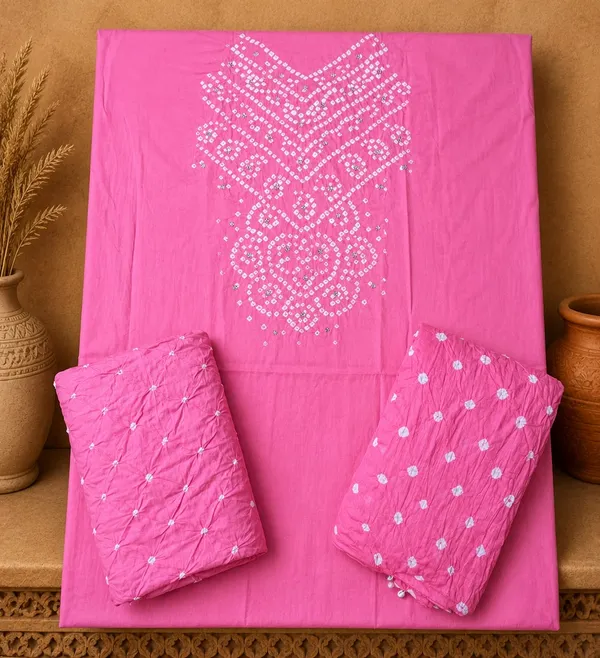Carrot_Pink_Bandhej_Cotton_Suit_Set_-_Hand_Mirror_Work,_Bandhani_Yoke,_Scattered_Dots,_Kodi_Dupatta