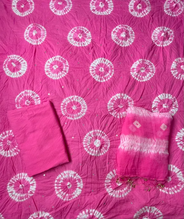 Pink_Bandhej_Cotton_Set_-_White_Chakra_Bandhani,_Mirror_Work,_Plain_Bottom,_Tassel_Dupatta