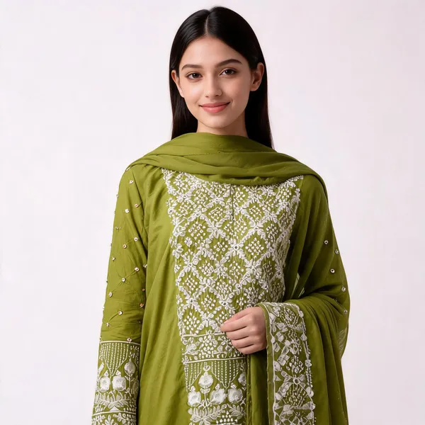 Pista_Bandhej_Cotton_Set_-_Jaali_Threadwork,_Floral_Border,_Mirror_Work,_Bandhej_Dupatta