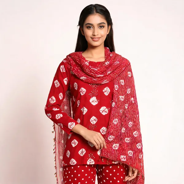 Red_Bandhej_Cotton_Suit_-_White_Bandhani_Dots,_Mirror_Work,_Tasseled_Chiffon_Dupatta