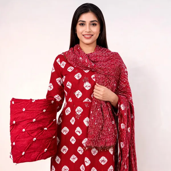 Red_Bandhej_Cotton_Suit_-_White_Bandhani_Dots,_Mirror_Work,_Tasseled_Chiffon_Dupatta