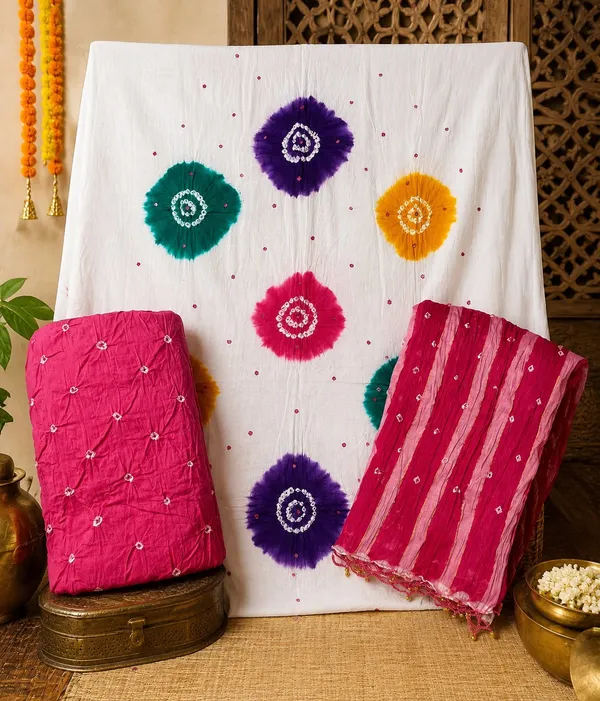 Chevron_Unstitched_Bandhej_Cotton_Suit_White_&_Pink_Bandhani_Suit_Set_with_Mirror_Work_&_Tassel_Dupatta