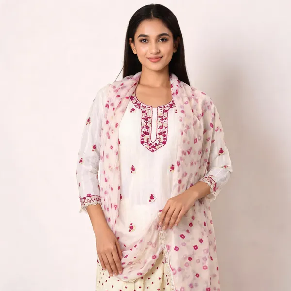 Off-White_Cotton_Suit_Set_-_Pinstripe_Base,_Magenta_&_Cream_Floral/Anchor_Work,_Pink_Bandhej_Salwar_&_Chiffon_Dupatta