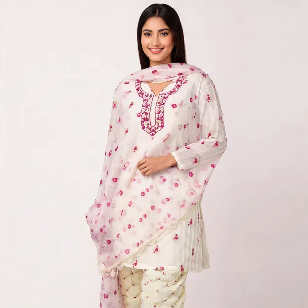Off-White_Cotton_Suit_Set_-_Pinstripe_Base,_Magenta_&_Cream_Floral/Anchor_Work,_Pink_Bandhej_Salwar_&_Chiffon_Dupatta