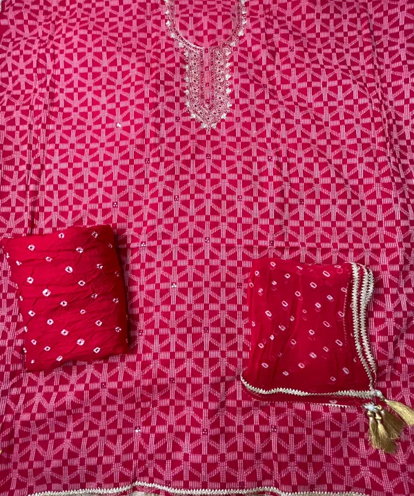 Red_Geometric_Suit_Set_-_White_Pattern_on_Rani_Pink_Base,_Zardosi_Handwork,_Lace_Dupatta,_Bandhej_Salwar