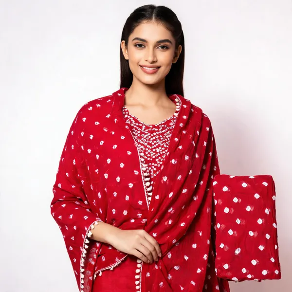 Red_Bandhej_Cotton_Suit_Set_-_Hand_Mirror_Work,_Bandhani_Yoke,_Scattered_Dots,_Kodi_Dupatta