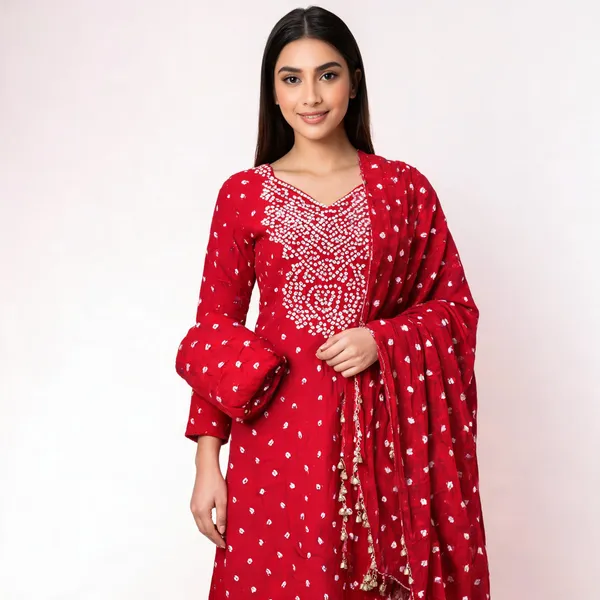 Red_Bandhej_Cotton_Suit_Set_-_Hand_Mirror_Work,_Bandhani_Yoke,_Scattered_Dots,_Kodi_Dupatta