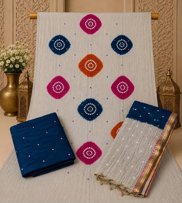 Chiku_Bandhej_Suit_-_Multicolor_Bandhani_Chakras,_Mirror_Work,_Purple_Bottom,_Double_Color_Tassel_Dupatta