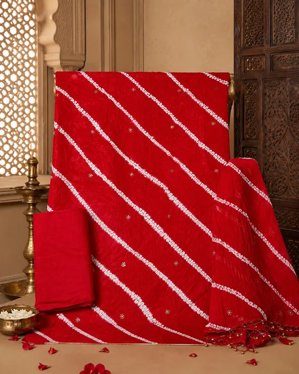 Chevron_Unstitched_Bandhej_Cotton_Suit_Red_Bandhani_Suit_Set_with_Mirror_Work_&_Tassel_Dupatta