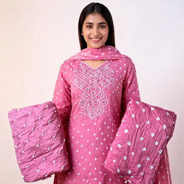 Carrot_Pink_Bandhej_Cotton_Suit_Set_-_Hand_Mirror_Work,_Bandhani_Yoke,_Scattered_Dots,_Kodi_Dupatta