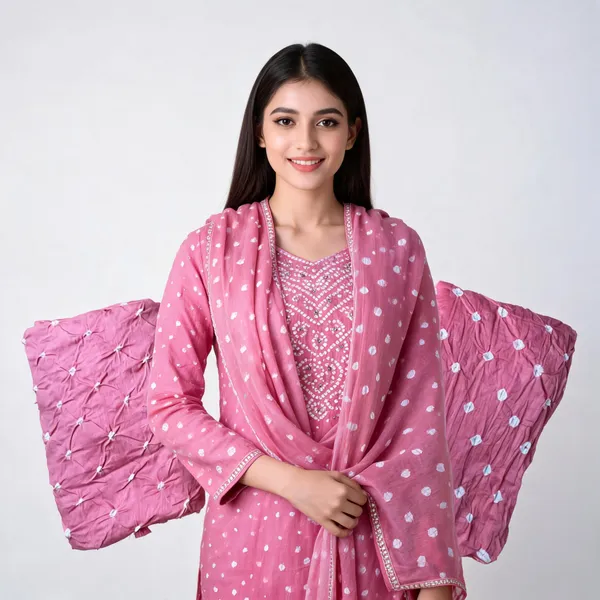 Carrot_Pink_Bandhej_Cotton_Suit_Set_-_Hand_Mirror_Work,_Bandhani_Yoke,_Scattered_Dots,_Kodi_Dupatta