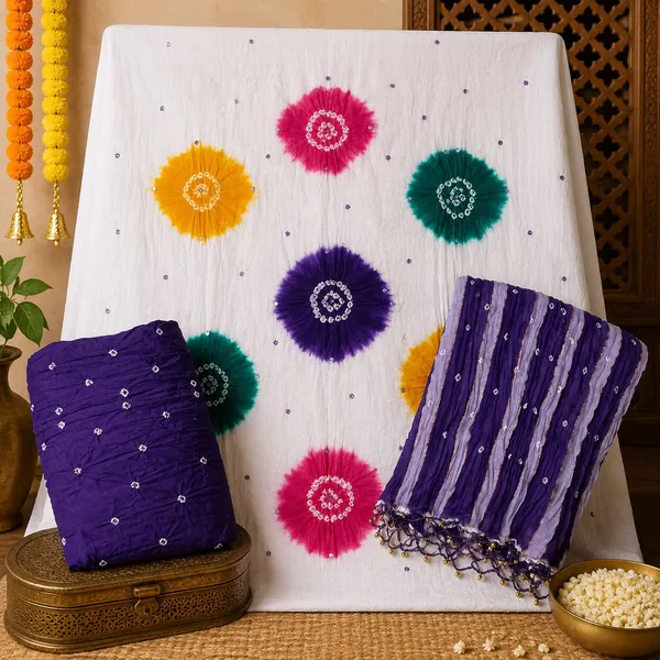 Chevron_Unstitched_Bandhej_Cotton_Suit_White_&_Purple_Bandhani_Suit_Set_with_Mirror_Work_&_Tassel_Dupatta