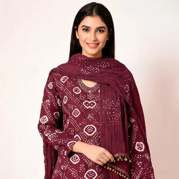Maroon_Bandhej_Cotton_Set_-_Diamond_&_Dot_Bandhani,_Mirror_Work,_Gungroo_Tassel_Dupatta