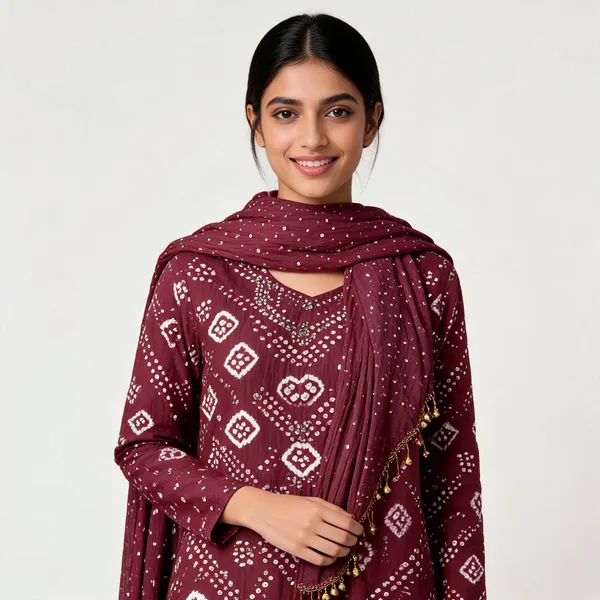 Maroon_Bandhej_Cotton_Set_-_Diamond_&_Dot_Bandhani,_Mirror_Work,_Gungroo_Tassel_Dupatta