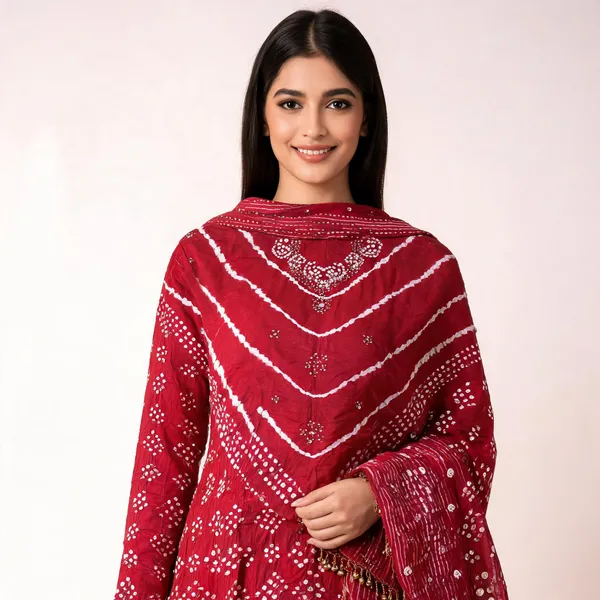 Chevron_Unstitched_Bandhej_Cotton_Suit_Red_Bandhani_Suit_Set_with_Mirror_Work_&_Tassel_Dupatta