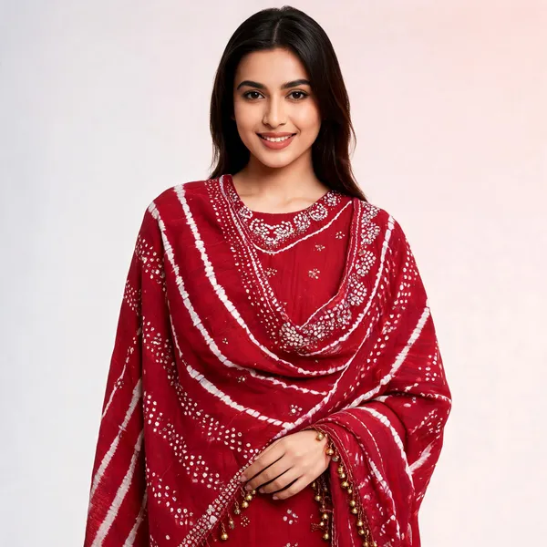 Chevron_Unstitched_Bandhej_Cotton_Suit_Red_Bandhani_Suit_Set_with_Mirror_Work_&_Tassel_Dupatta