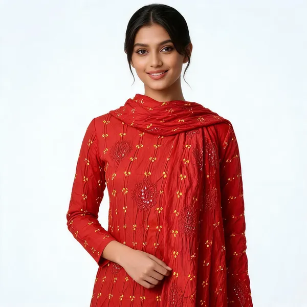 Orange_Bandhej_Suit_Set_-_Yellow_Dot_Bandhani,_Peacock_Buta_Motif,_Anchor_&_Mirror_Work,_Yellow_Dupatta