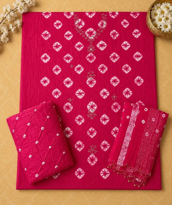 Pink_Bandhej_Cotton_Suit_-_White_Bandhani_Dots,_Mirror_Work,_Tasseled_Chiffon_Dupatta