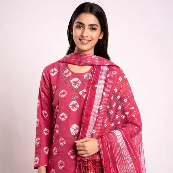 Pink_Bandhej_Cotton_Suit_-_White_Bandhani_Dots,_Mirror_Work,_Tasseled_Chiffon_Dupatta