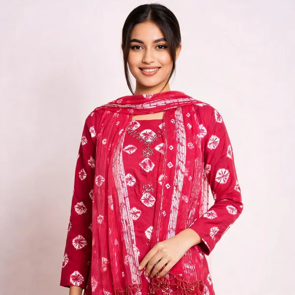 Pink_Bandhej_Cotton_Suit_-_White_Bandhani_Dots,_Mirror_Work,_Tasseled_Chiffon_Dupatta