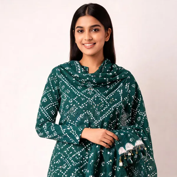 Dark_Green_Hand_Bandhej_Set_-_Geometric_Diamond_&_Chevron_Bandhani,_Mirror_Work,_Tassel_Dupatta