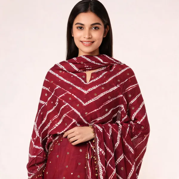 Chevron_Unstitched_Bandhej_Cotton_Suit_Maroon_Bandhani_Suit_Set_with_Mirror_Work_&_Tassel_Dupatta