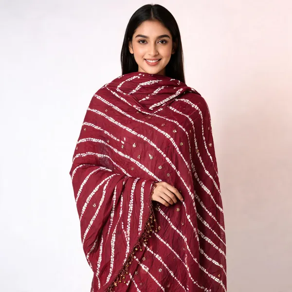 Chevron_Unstitched_Bandhej_Cotton_Suit_Maroon_Bandhani_Suit_Set_with_Mirror_Work_&_Tassel_Dupatta