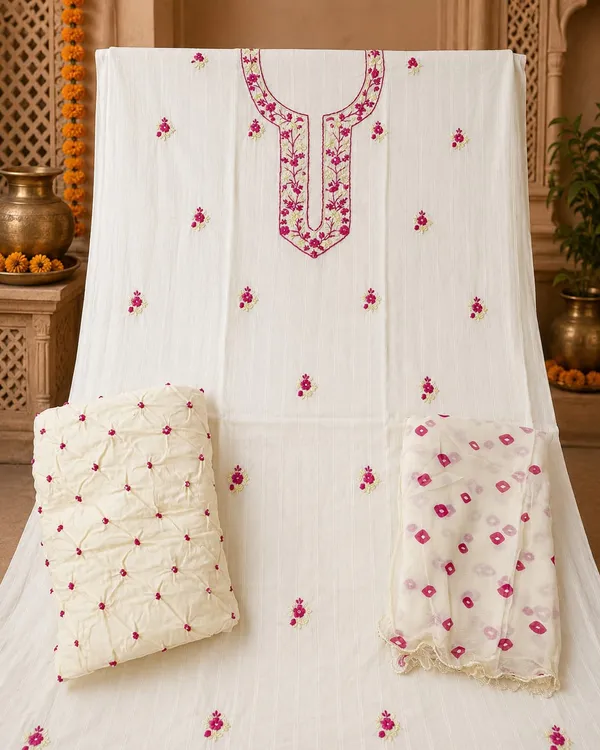 Off-White_Cotton_Suit_Set_-_Pinstripe_Base,_Magenta_&_Cream_Floral/Anchor_Work,_Pink_Bandhej_Salwar_&_Chiffon_Dupatta