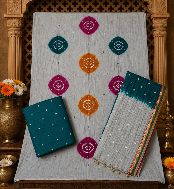 Chiku_Bandhej_Suit_-_Multicolor_Bandhani_Chakras,_Mirror_Work,_Dark_Green_Bottom,_Double_Color_Tassel_Dupatta