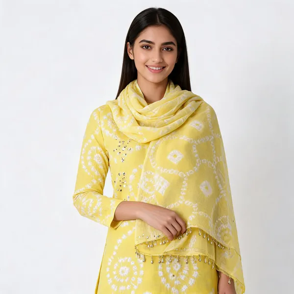 Light_Yellow_Hand_Bandhej_Suit_-_White_Circular_Pattern,_Mirror_Work,_Silver_Gungroo_Dupatta