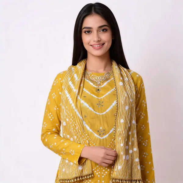 Chevron_Unstitched_Bandhej_Cotton_Suit_Yellow_Bandhani_Suit_Set_with_Mirror_Work_&_Tassel_Dupatta