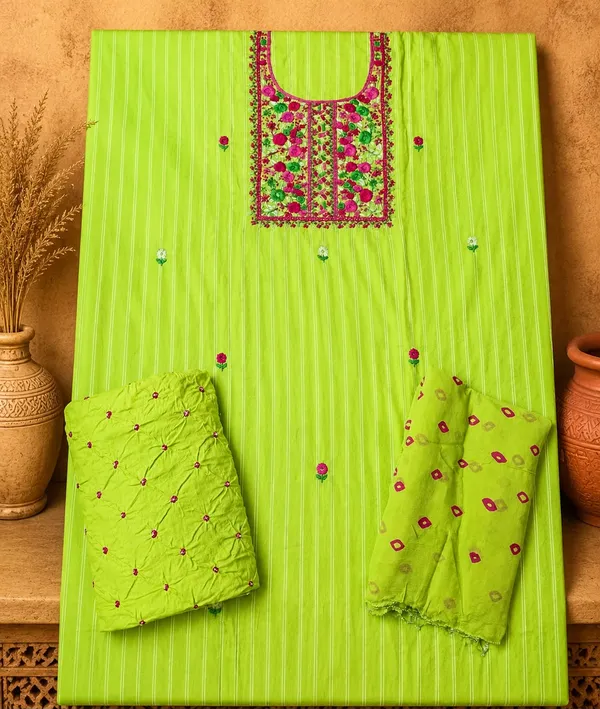 Chevron_Unstitched_Bandhej_Cotton_Suit_Pista_Green_Bandhani_Suit_Set_with_Hand_Anchor/_Thread_work_&_Tassel_Dupatta