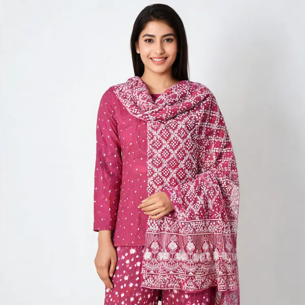 Pink_Bandhej_Cotton_Set_-_Jaali_Threadwork,_Floral_Border,_Mirror_Work,_Bandhej_Dupatta
