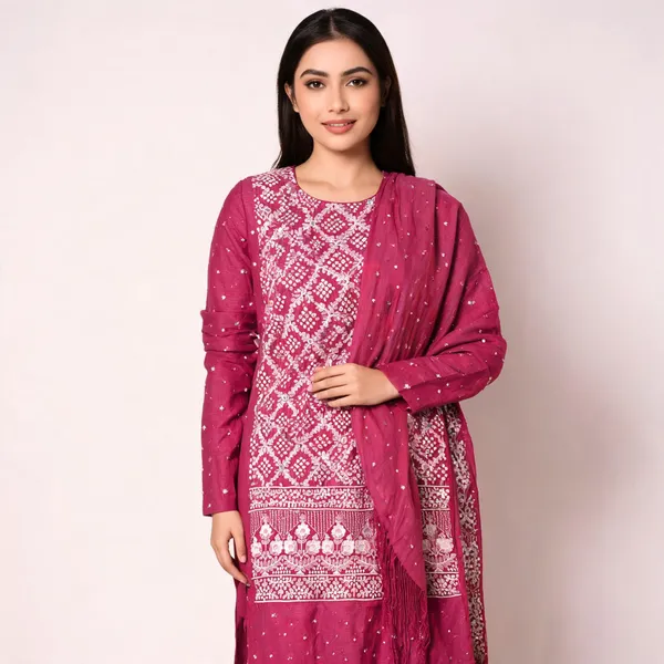 Pink_Bandhej_Cotton_Set_-_Jaali_Threadwork,_Floral_Border,_Mirror_Work,_Bandhej_Dupatta