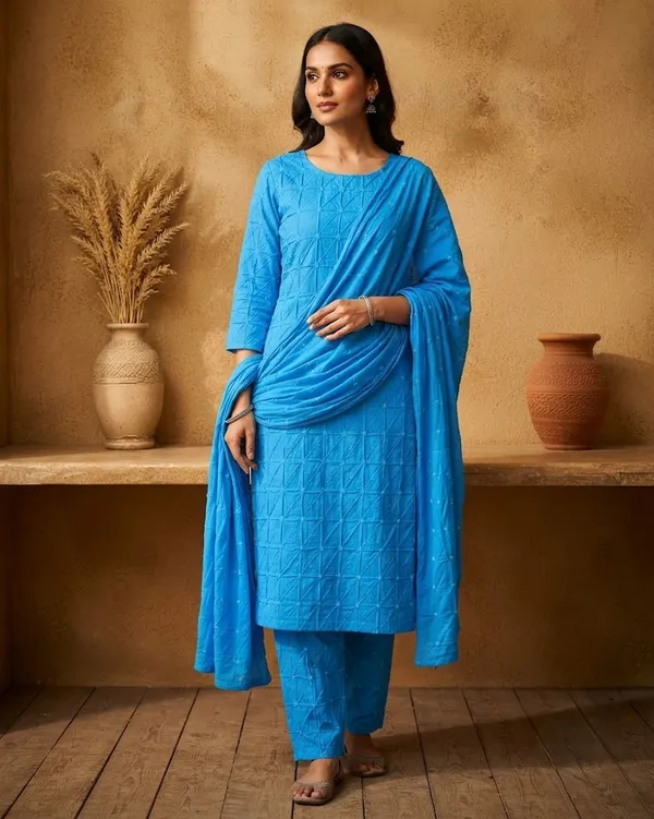 Chevron_Unstitched_Bandhej_Cotton_Suit_Rani_Pink_Bandhani_Suit_Set_with_Mirror_Work_&_Tassel_Dupatta